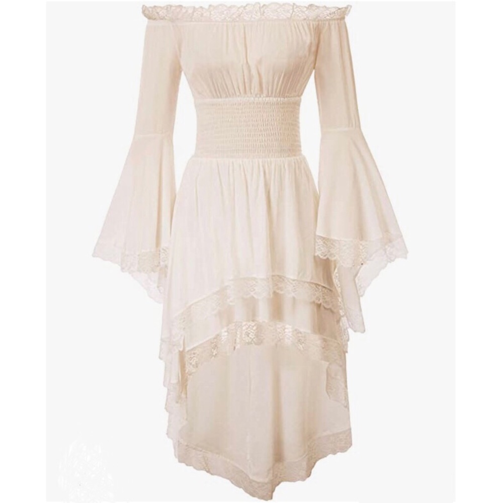 Ivory Peasant Maiden Boho off shoulder bell sleeve lace trim chemise dress